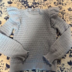 LOFT Light Blue Ruffle Shoulder Open-Knit Sweater